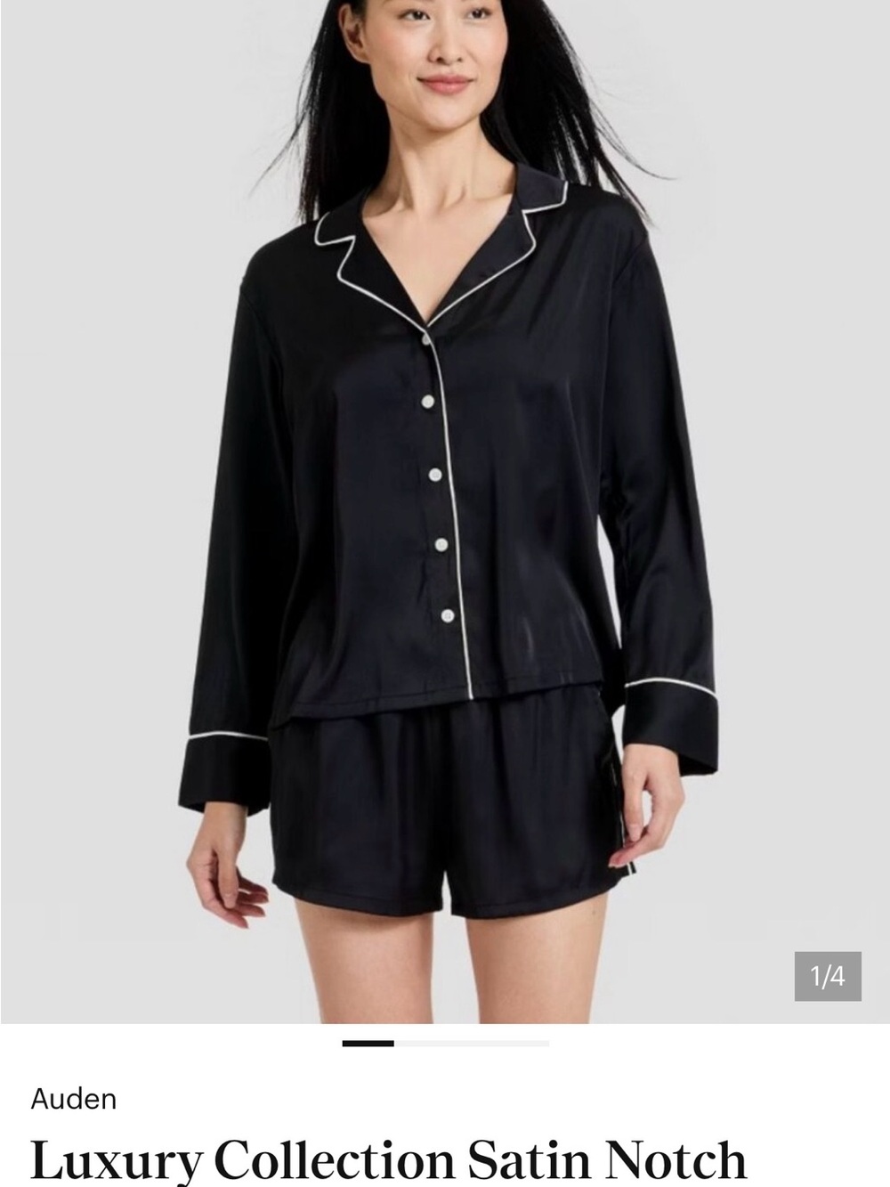 Auden Black Satin Notch Pajama Set with White Piping